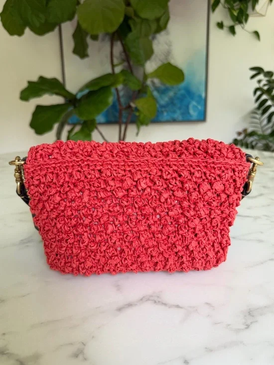 Coach Straw Soft Tabby Shoulder Crossbody Bag Red Orange Black Brass Woven CA032 - Picture 3 of 16